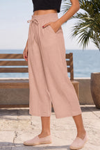 Lnx Women's Linen Capri Pants Wide-Leg High-Waisted Drawstring Casual