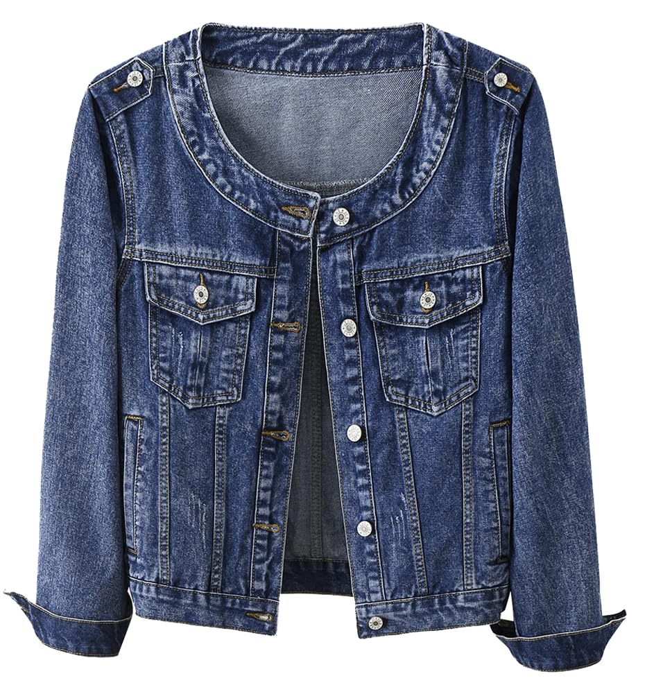 Kedera Jean Jacket Women Collarless Button Down Long Sleeve Western Denim Country Concert Outfits - Wash Dark Blue