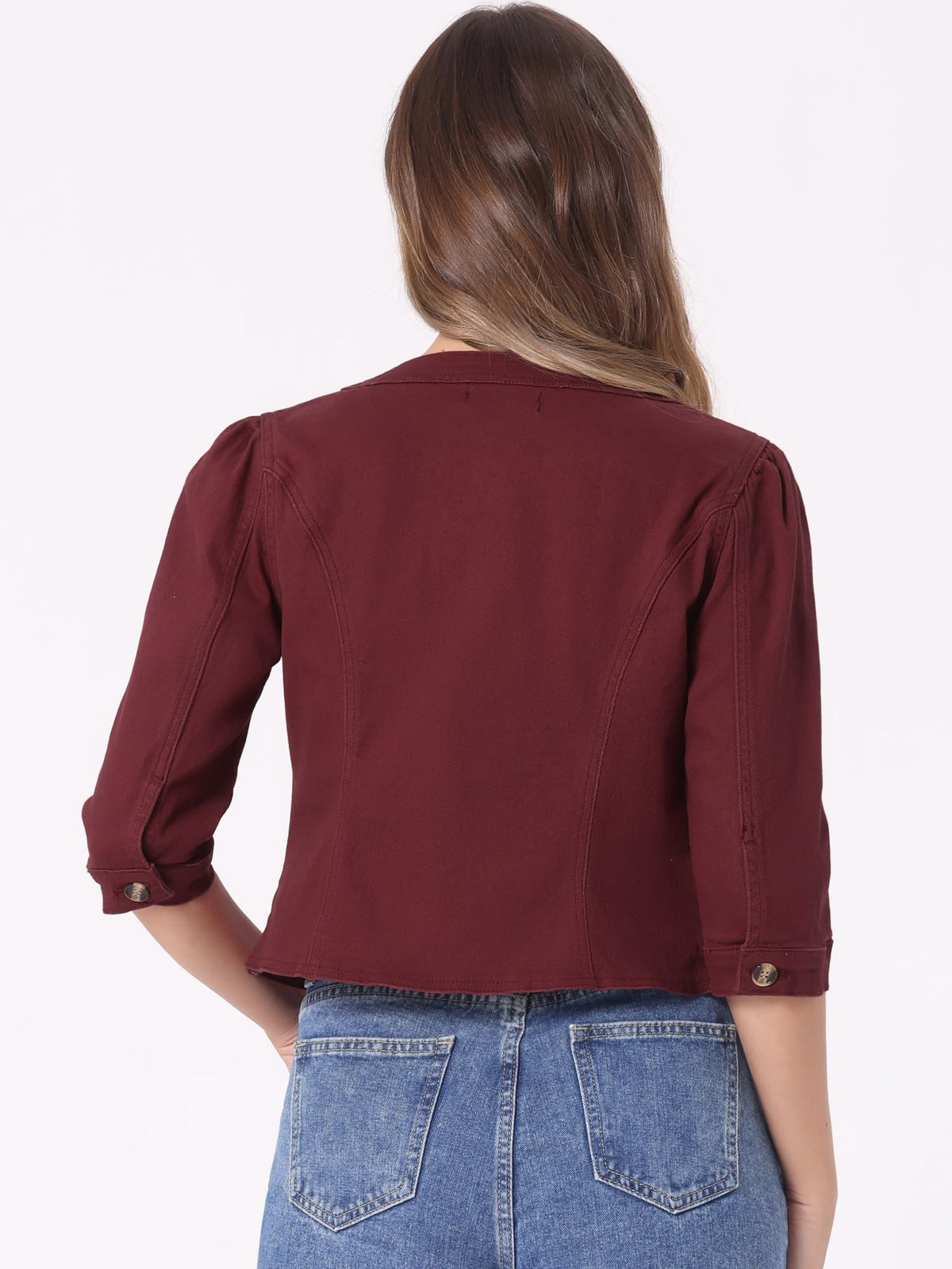 Allegra K Women's Denim Cardigan 3/4 Sleeve Collarless Jean Jackets - Purple Red