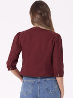 Allegra K Women's Denim Cardigan 3/4 Sleeve Collarless Jean Jackets - Purple Red