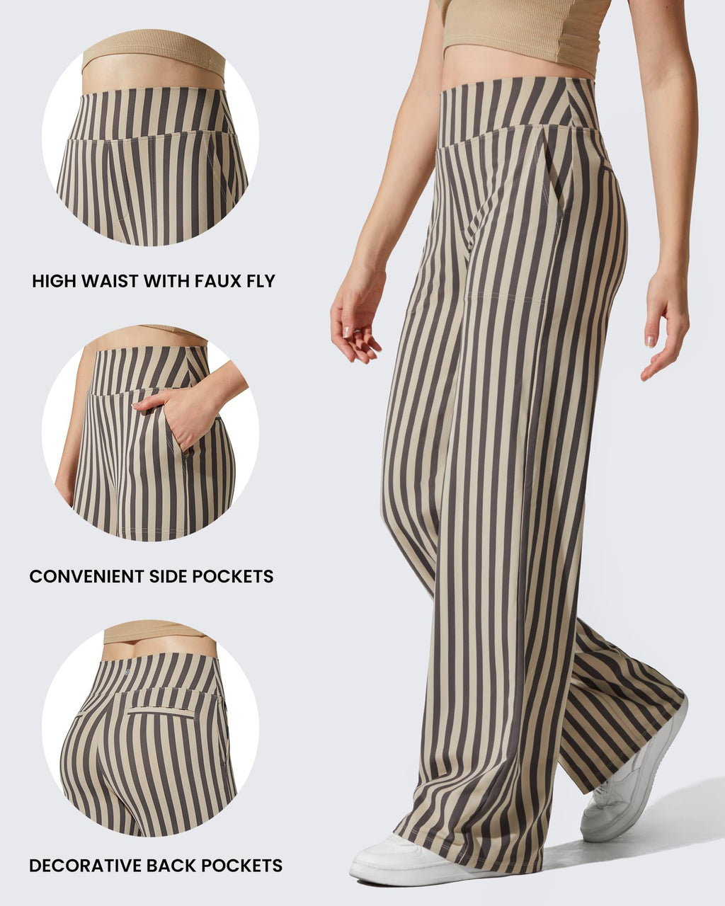 G4free Wide-Leg Pants For Women With Pockets Stretch Khaki Stripe M