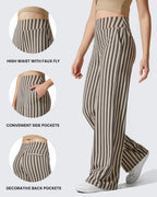 G4free Wide-Leg Pants For Women With Pockets Stretch Khaki Stripe L