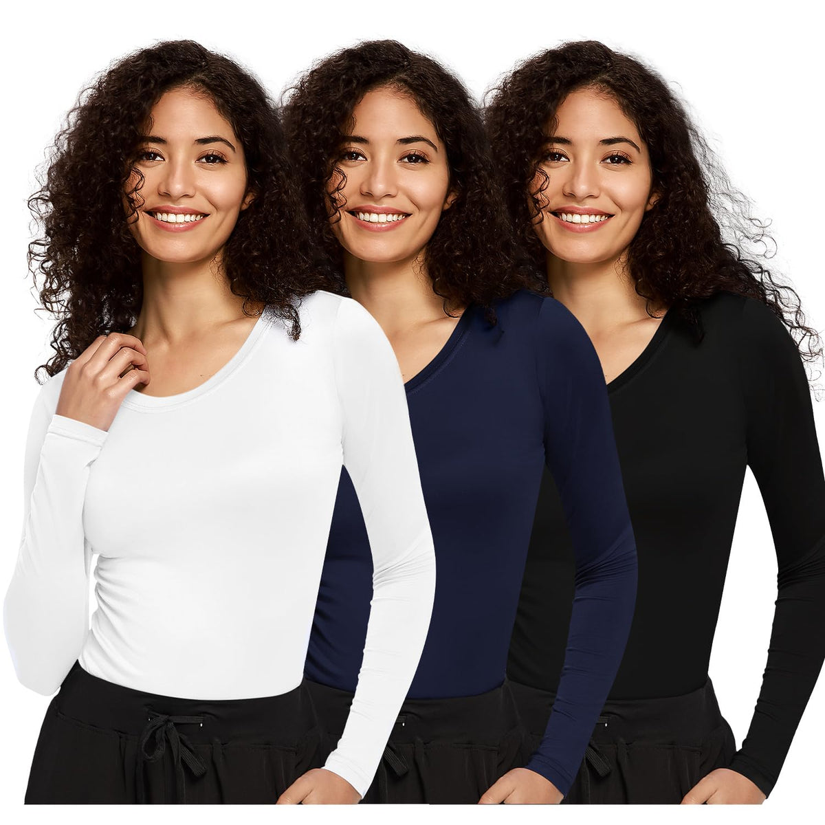 3 Pack Underscrub Long Sleeve Women, Undershirt, Black/White/Navy Blue, L
