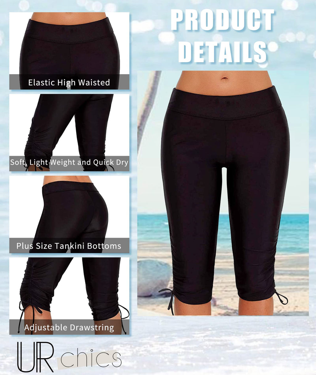 Urchics Women's Plus-Size Rash Guard Capris Long Swim Shorts - Black