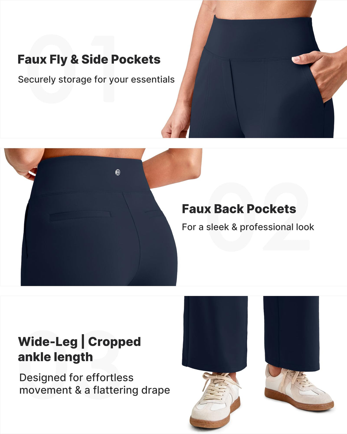 G4free Wide-Leg Cropped Yoga Pants Women With Pockets Dark Navy M