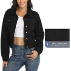 Andy & Natalie Jean Jacket Women Trendy Long Sleeve Basic Button Down Cropped Denim Jackets With Pockets Black X-large