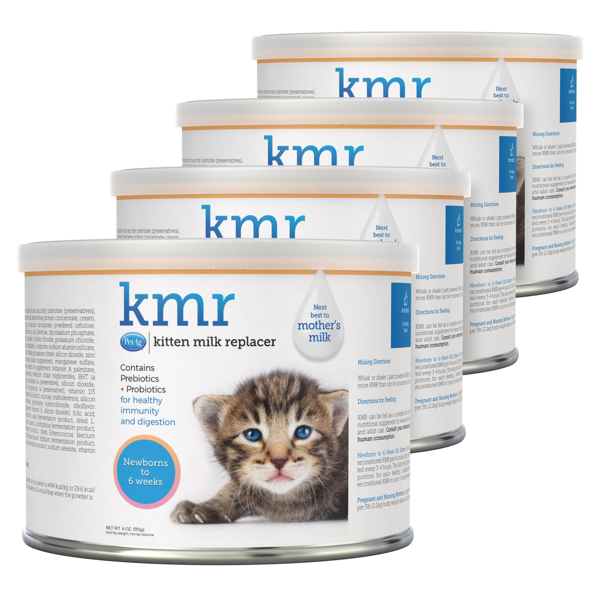 PetAg KMR Kitten Milk Replacer Powder - 6 oz, Pack of 4 - Powdered Kitten Formula with Prebiotics, Probiotics & Vitamins for Kittens Newborn to Six Weeks Old - Easy to Digest