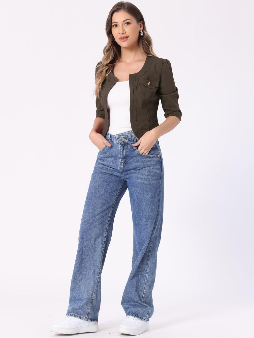 Allegra K Women's Denim Cardigan 3/4 Sleeve Collarless Jean Jackets - Dark Brown