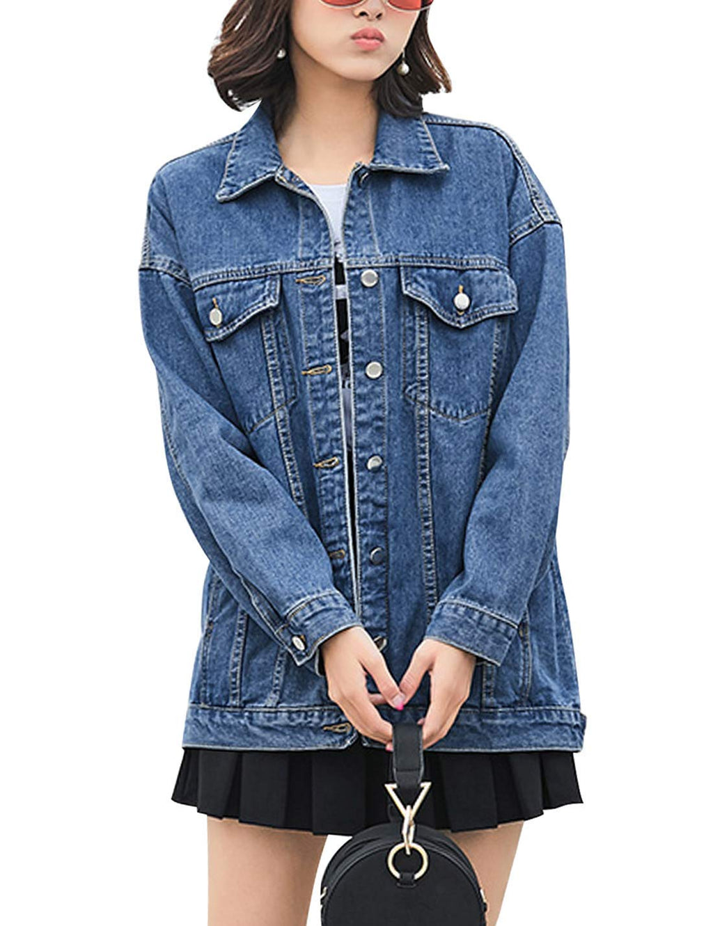 Omoone Women's Oversized Mid Long Denim Jacket Jean Biker Coat(0199-dark Blue-s)