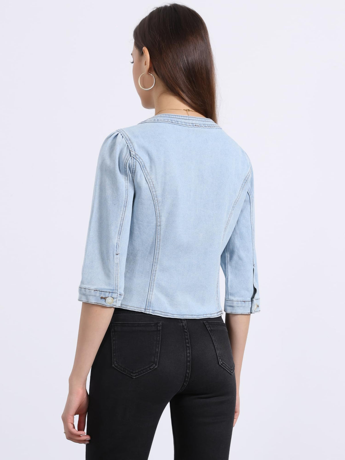 Allegra K Women's Denim Cardigan 3/4 Sleeve Collarless Jean Jackets - Sky Blue