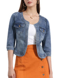 Allegra K Women's Denim Cardigan 3/4 Sleeve Collarless Jean Jackets - Washed Blue