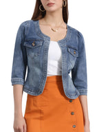 Allegra K Women's Denim Cardigan 3/4 Sleeve Collarless Jean Jackets - Washed Blue