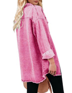 Vetinee Women's Light Jackets For Women Oversized Boyfriend Magenta Pink Front Button Up Frayed Raw Hem Long Sleeve Pockets Denim Jean