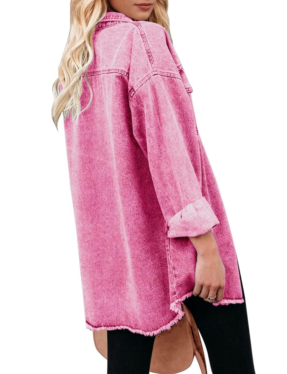 Vetinee Women's Light Jackets For Women Oversized Boyfriend Magenta Pink Front Button Up Frayed Raw Hem Long Sleeve Pockets Denim Jean