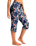 Pudolla Women's 18" Swim Capris Pants with Pockets (Navy Flower Large)