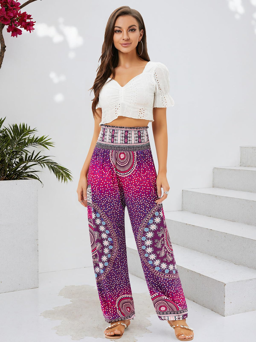 Qianxizhan Women's Harem Pants High-Waist Yoga Boho - Rose Red