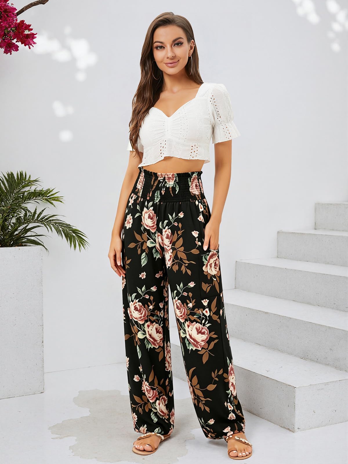 Qianxizhan Women's Harem Pants High-Waist Yoga Boho - Rose Black
