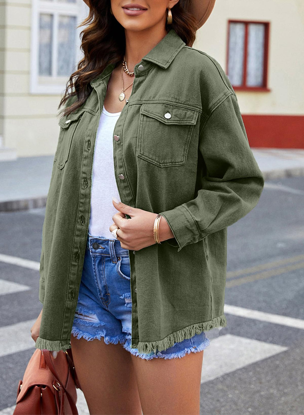 Dokotoo Denim Jacket For Women Oversized Jean With Pocket Green L - B5