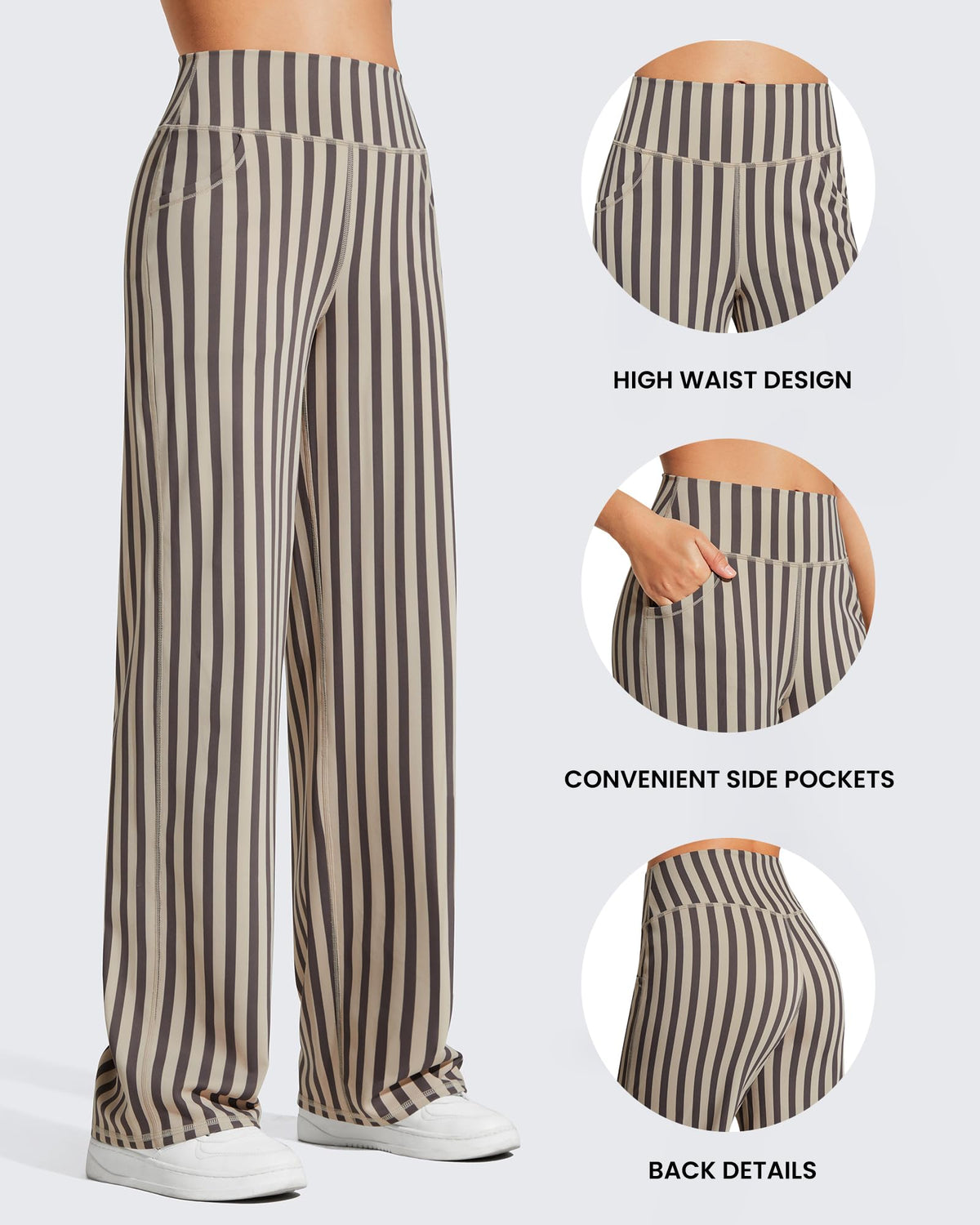 Promover Wide-Leg Pants For Women With Pockets Khaki Stripe Xxl