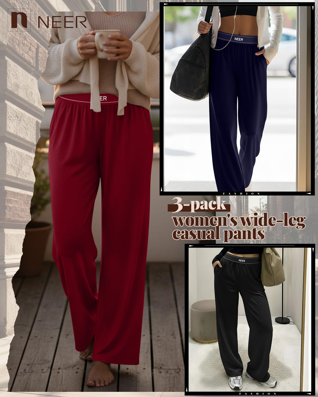 Neer 3 Pack Women's Cotton Lounge High-Waisted - Black, Navy, Deep