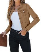 Luvamia Women's Fashion Long Sleeve Button Down Stretchy Cropped Denim Jacket - Almond Brown Size 4/6