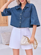 Tankaneo Womens Denim Top Shirt Half Sleeve Button Down Cropped Jean Jacket - Blue