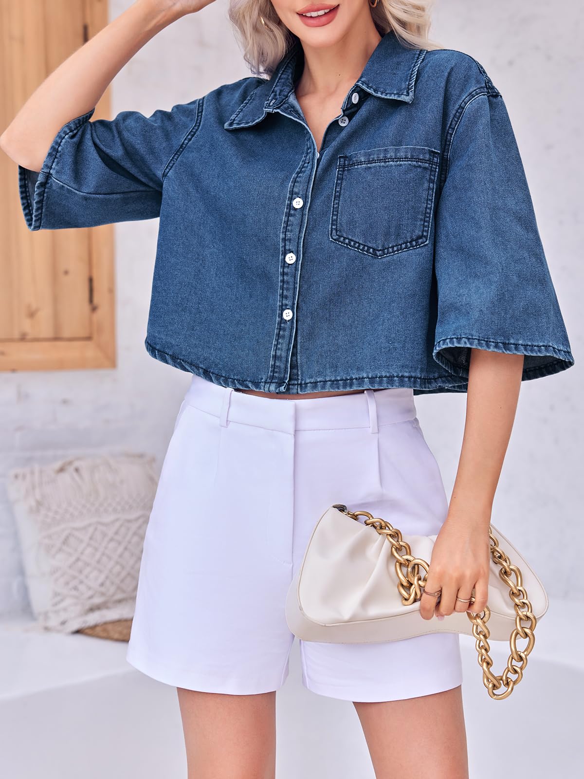 Tankaneo Womens Denim Top Shirt Half Sleeve Button Down Cropped Jean Jacket - Blue