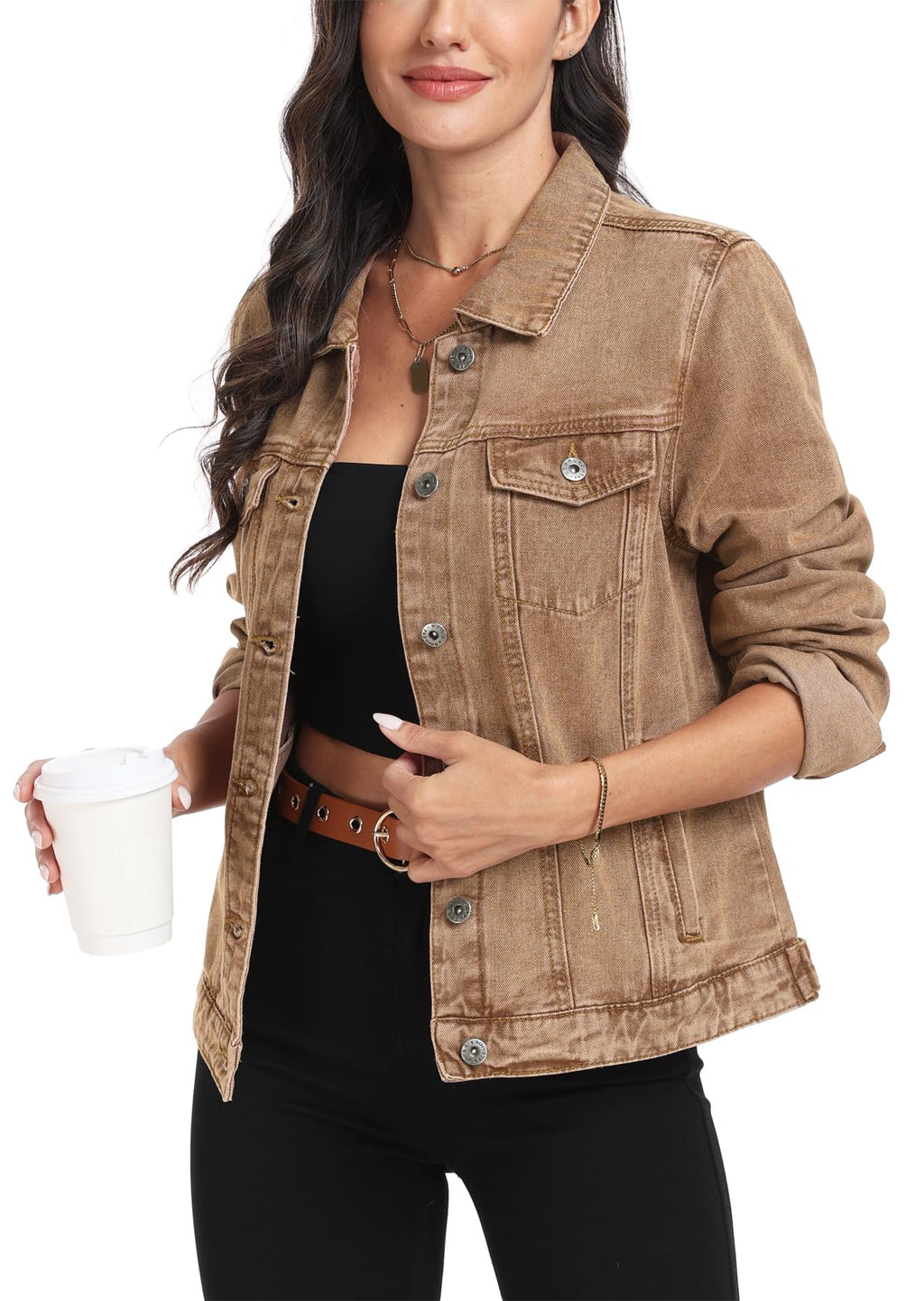Miss Moly Women's Denim Jacket Classic Button Up Jean Brown Xs - Almond