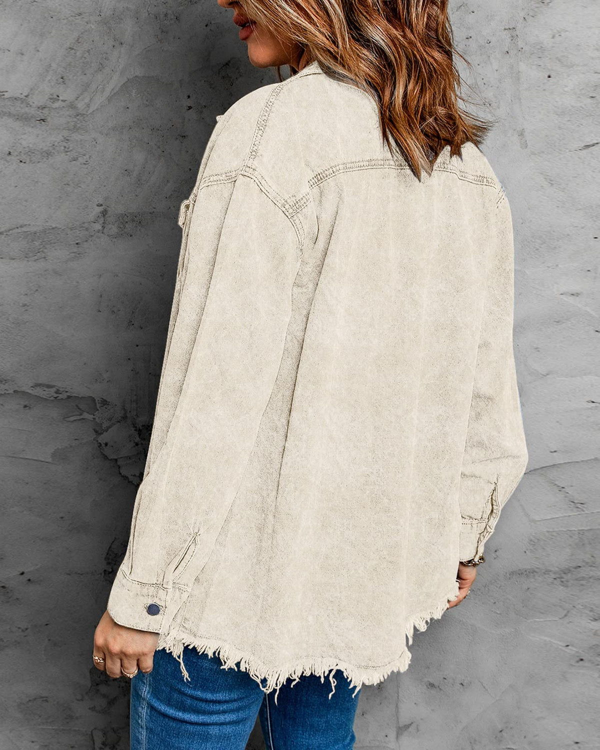 Vetinee Women's Oversized Boyfriend Cannoli Cream Front Button Up Jacket Denim