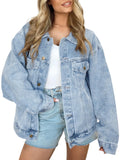 Automet Women's Button Down Oversized Jeans Jacket With Pockets - Light Blue