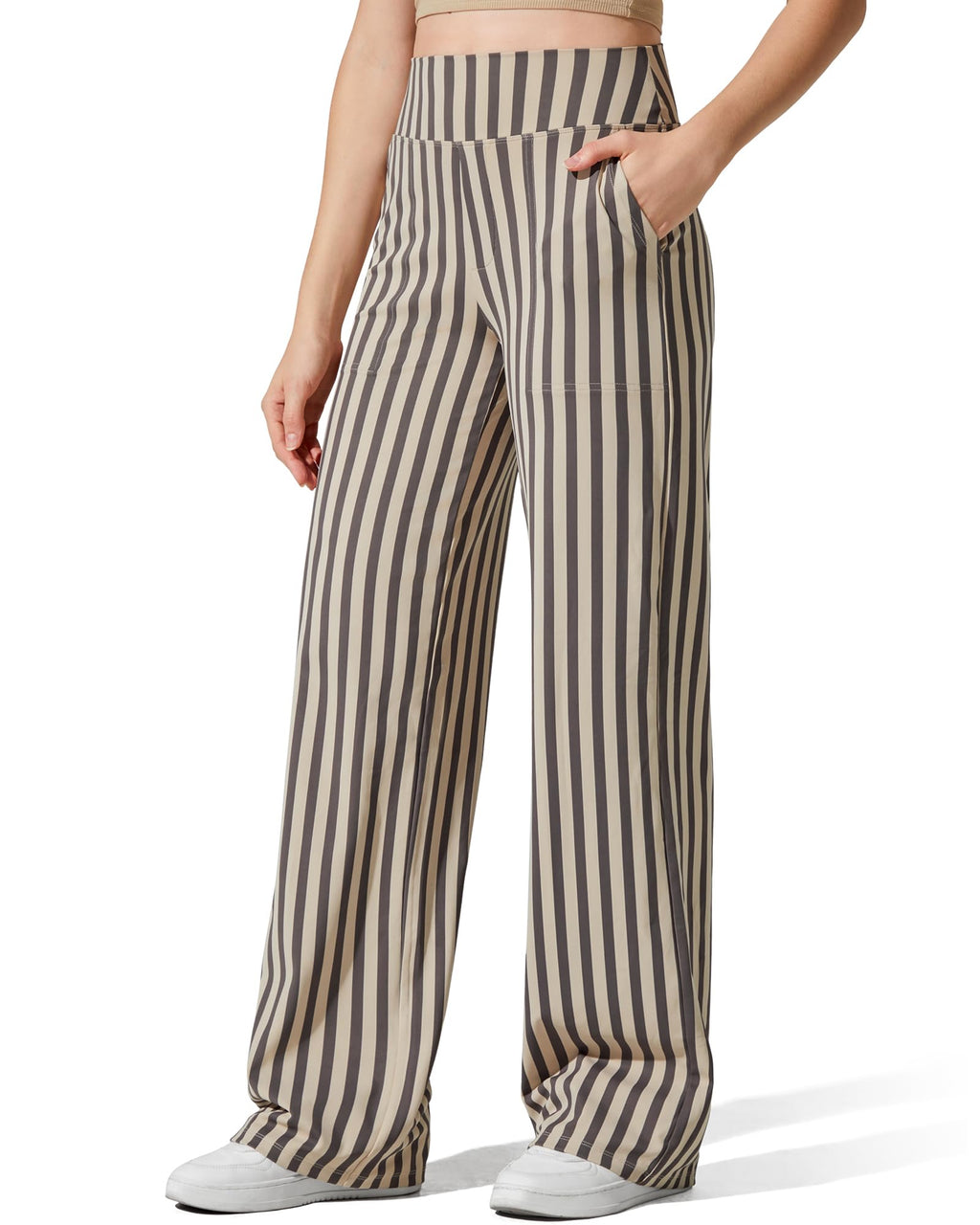 G4free Wide-Leg Pants For Women With Pockets Stretch Khaki Stripe M
