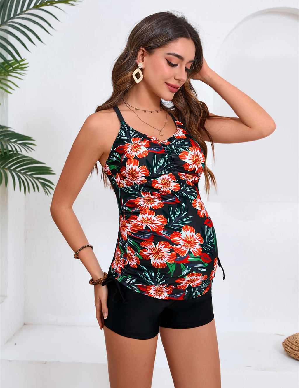 Women's Maacie Maternity Athletic Tankini Swimsuits With Shorts Red