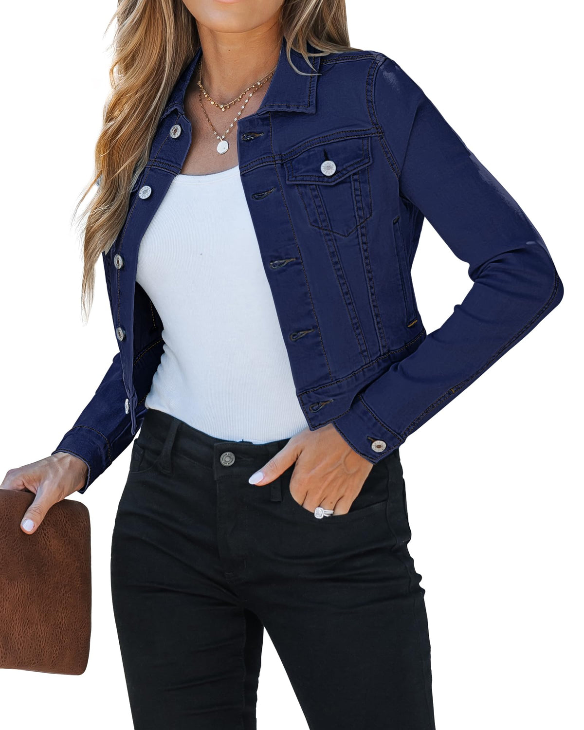 Luvamia Womens Fashion Long Sleeve Button Down Stretchy Denim Jean Jacket - Blue For Women - Size Small / 4-6 - Dark