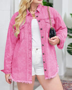 Vetinee Women's Pink Lady Jacket Oversized Boyfriend Magenta Front Button Up Frayed Raw Hem Long Sleeve Pockets Denim Jean Shacket Small