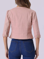 Allegra K Women's Denim Cardigan 3/4 Sleeve Collarless Jean Jackets - Pink