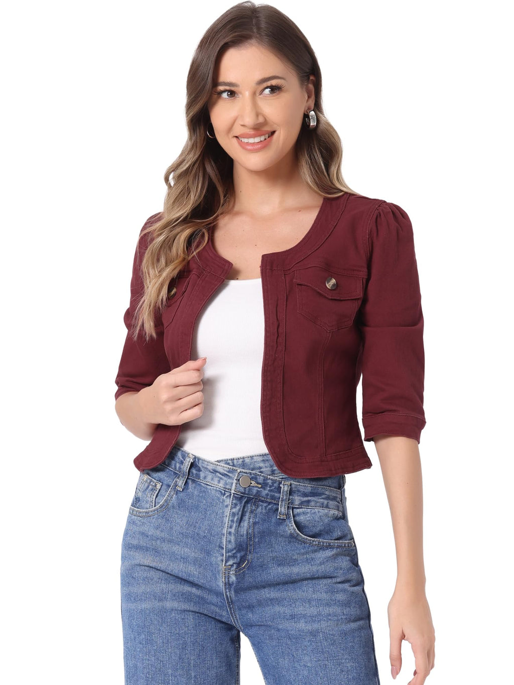 Allegra K Women's Denim Cardigan 3/4 Sleeve Collarless Jean Jackets - Purple Red