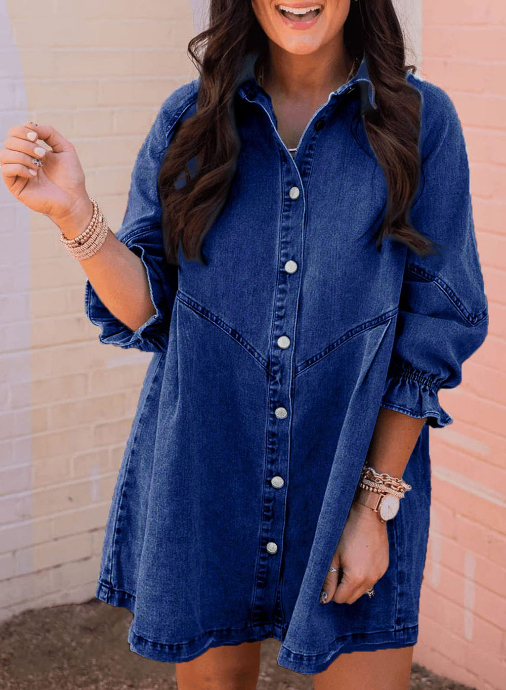 Sidefeel Womens Smocked 3 4 Sleeve Button Down Denim Jeans Dresses Large Blue Jacket - A