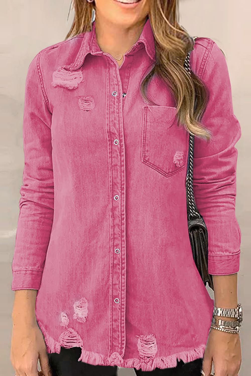 Dokotoo Womens Long Sleeve Button Down Oversized Jean Jacket Hot Pink L - A1 Rose
