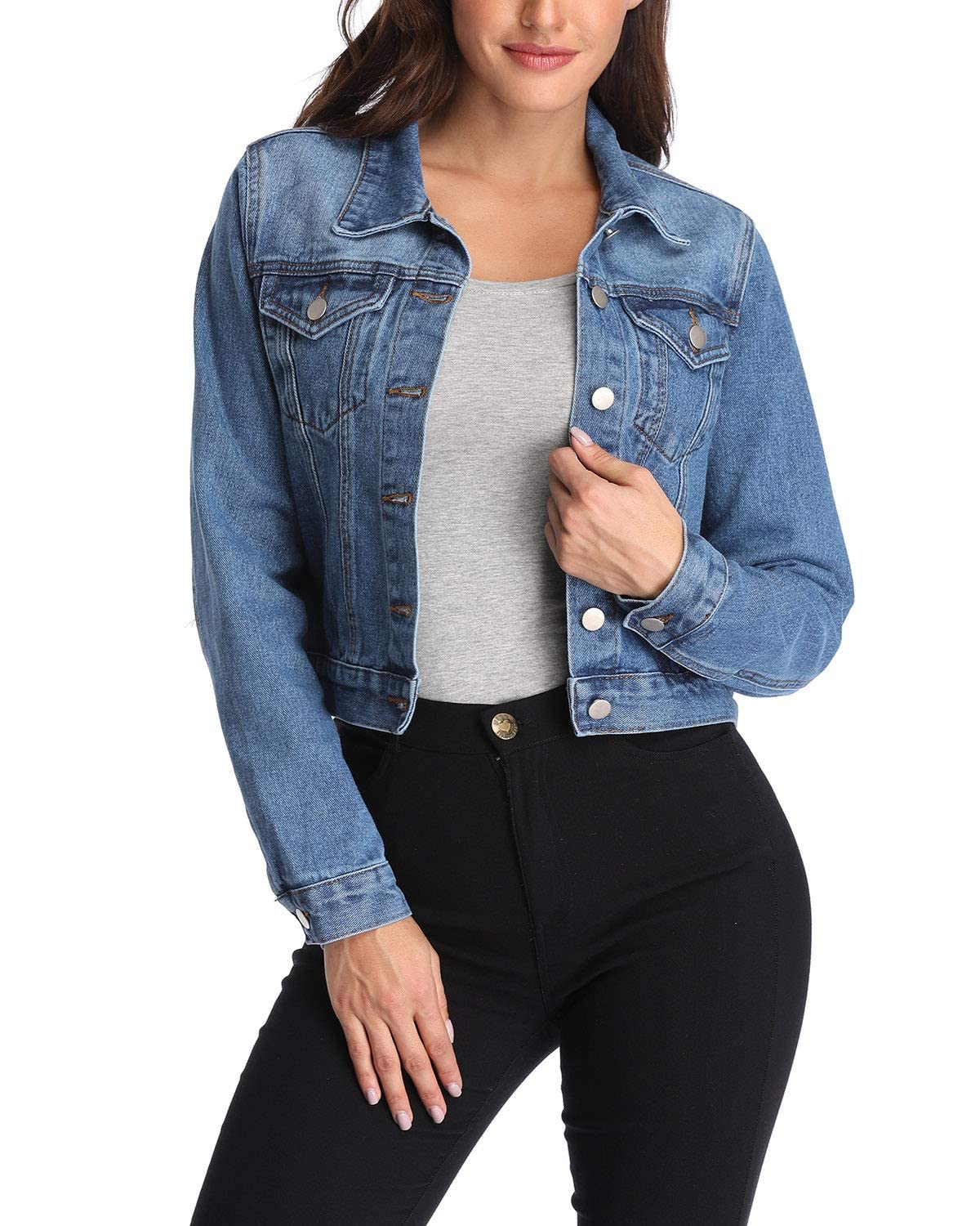Andy & Natalie Women's Denim Jackets Trendy Long Sleeve Basic Button Down Crop Jean Jacket With Pockets Blue X-large