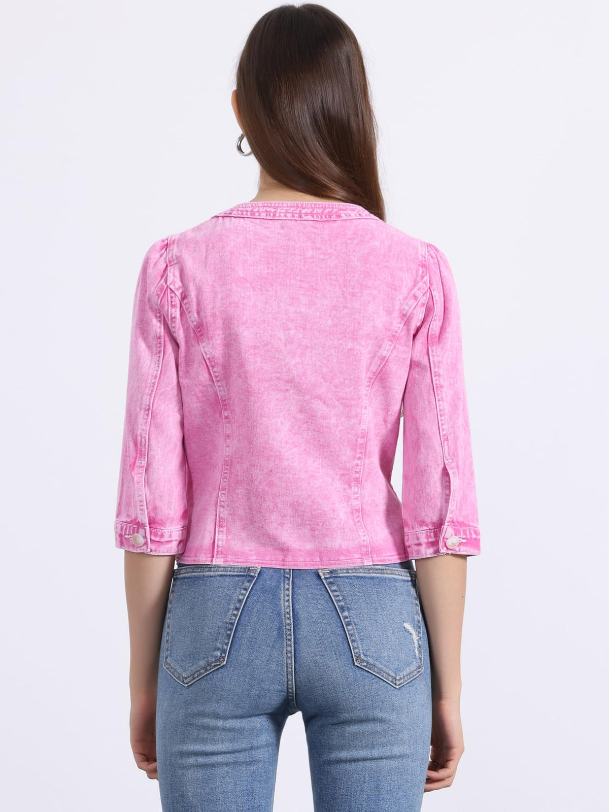 Allegra K Women's Denim Cardigan 3/4 Sleeve Collarless Jean Jackets - Washed Pink
