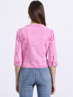 Allegra K Women's Denim Cardigan 3/4 Sleeve Collarless Jean Jackets - Washed Pink