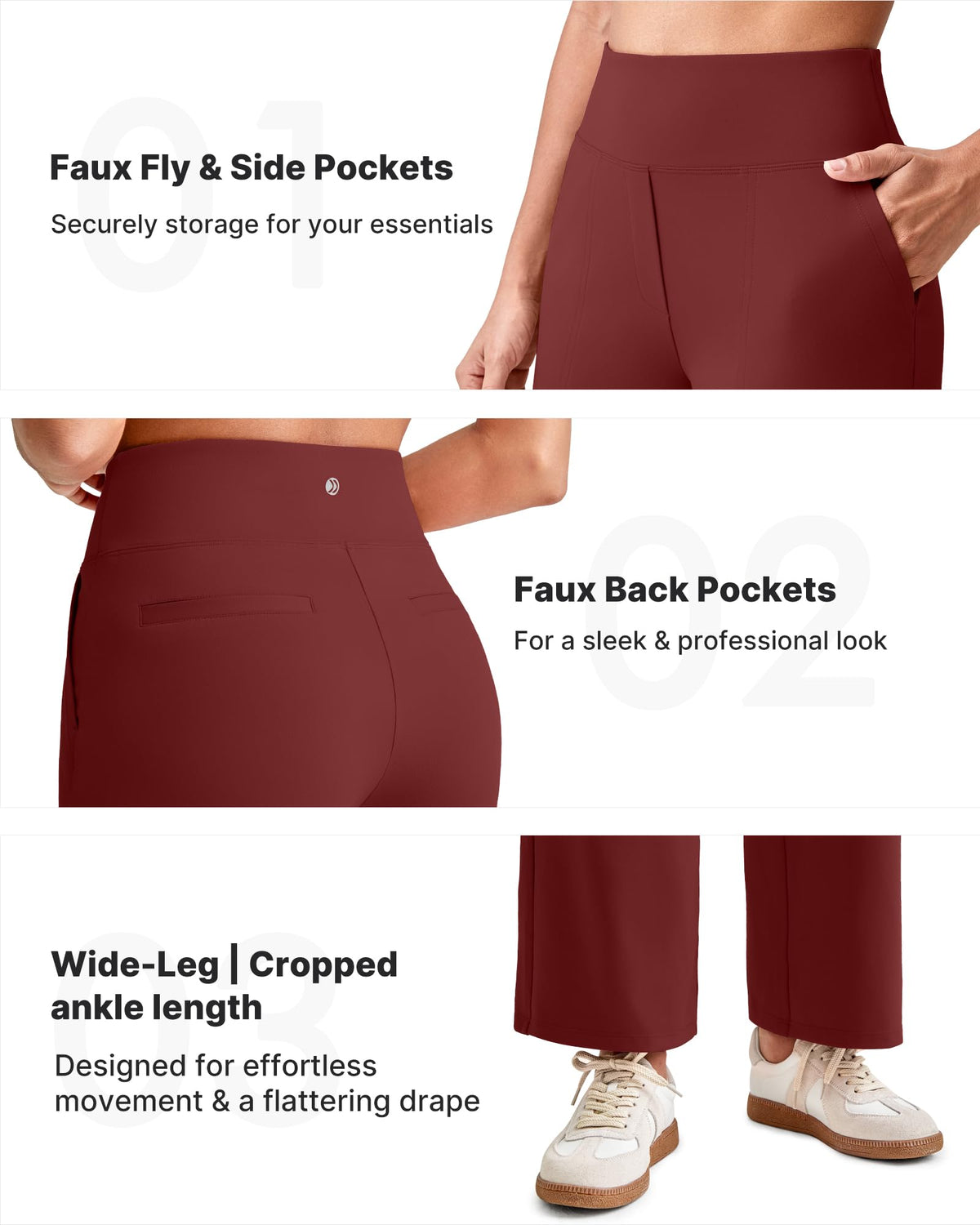 G4free Wide-Leg Yoga Pants For Women High-Waist With Pockets Wine S