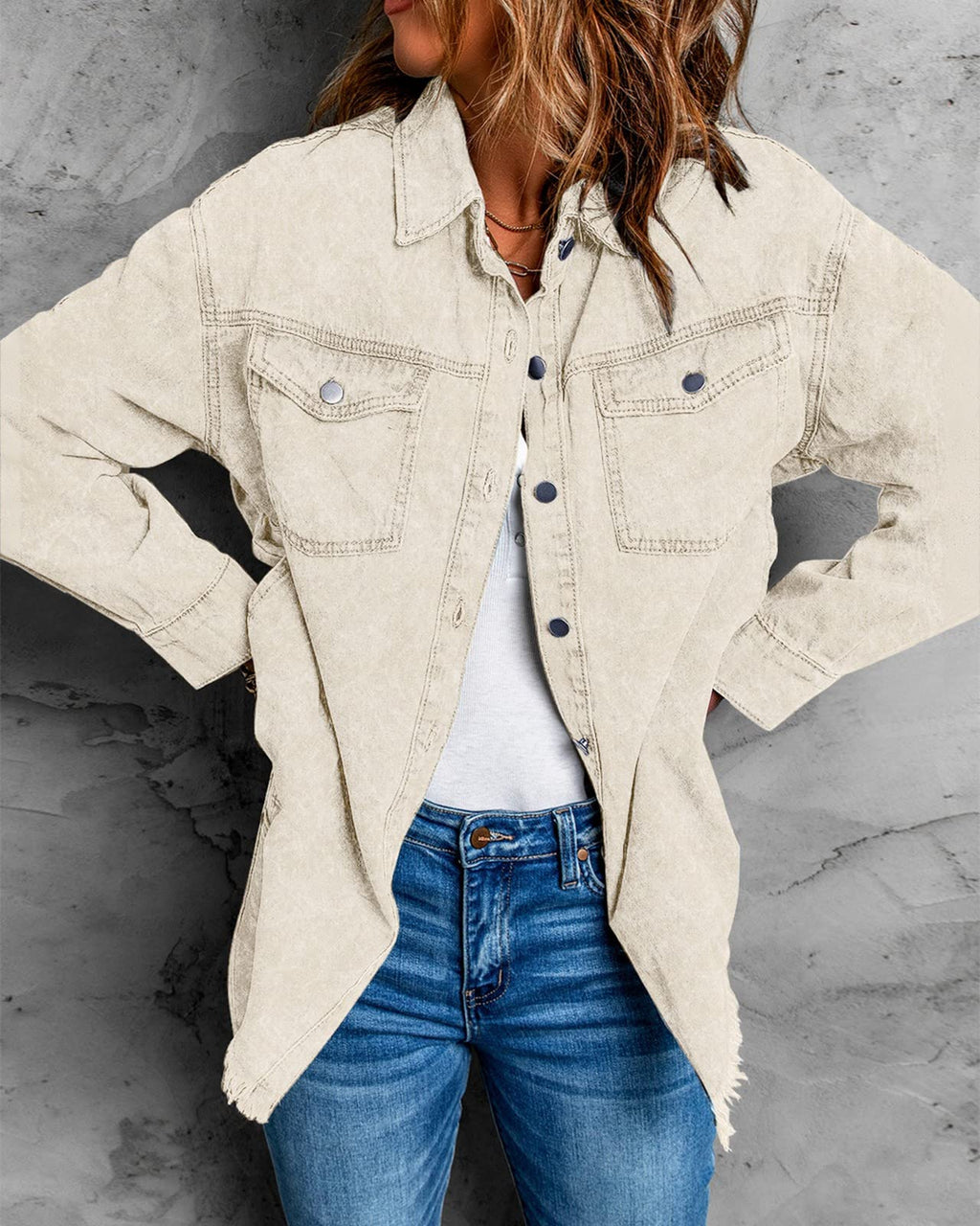 Vetinee Women's Oversized Button Up Frayed Hem Shacket Long Sleeve Pockets Denim Jacket - Cannoli Cream