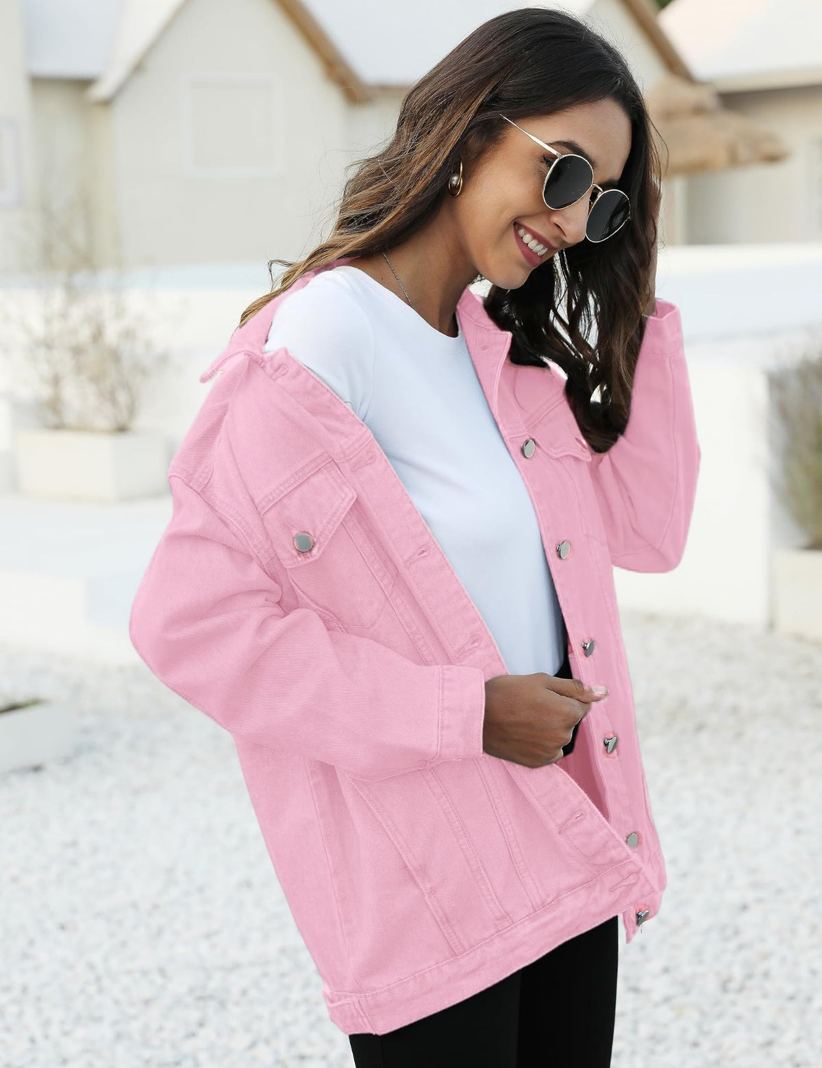 Omoone Women's Oversized Mid Long Denim Jacket Jean Biker Coat(0199-pink-xxl)
