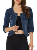 Allegra K Women's Denim Cardigan 3/4 Sleeve Collarless Jean Jackets - Dark Blue