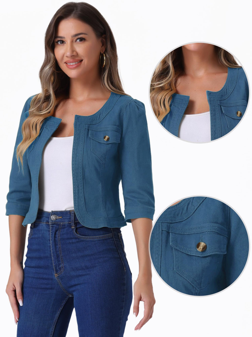 Allegra K Women's Denim Cardigan 3/4 Sleeve Collarless Jean Jackets - Peacock Blue