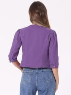 Allegra K Women's Denim Cardigan 3/4 Sleeve Collarless Jean Jackets - Dark Purple
