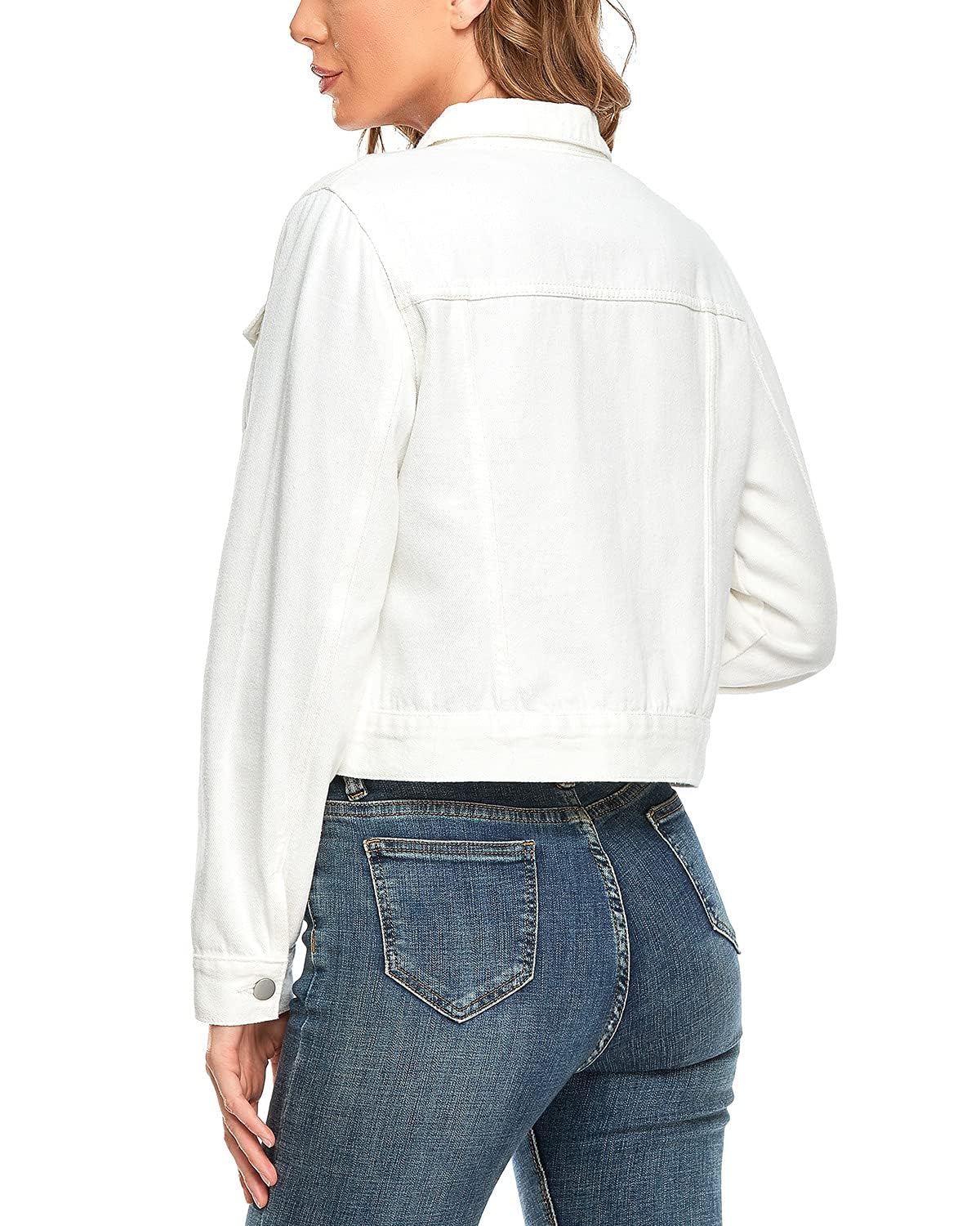 Andy & Natalie Women's Denim Jacket Trendy Long Sleeve Basic Button Down Cropped Jean With Pockets White Small