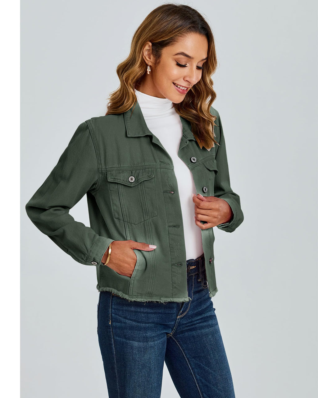 Luvamia Summer Jacket Distressed Denim Women Outfit Jeans For Fashion Army Green Small Fits Size 4 6
