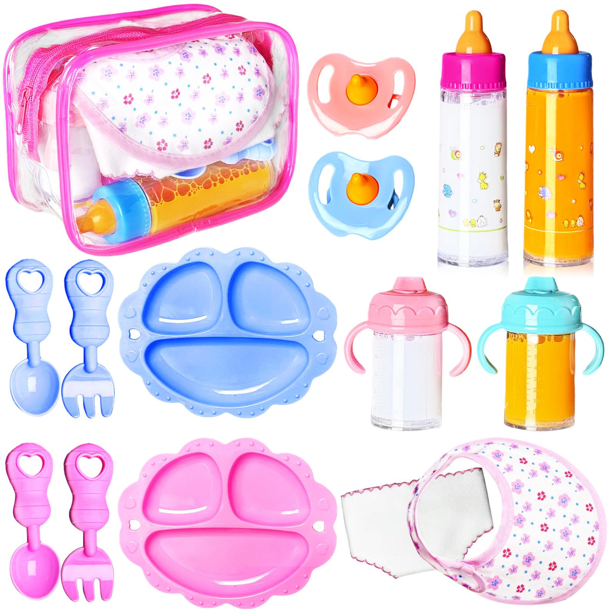 15Pcs Baby Doll Accessories Magic Bottle Set,Pretend Play Feeding Toy with Juice Milk Bottles,Sippy Cups,Pacifiers,Bowl Spoons,Bib,Diaper,Dolls Feeding Kit for Kids Girls,Party,Gift
